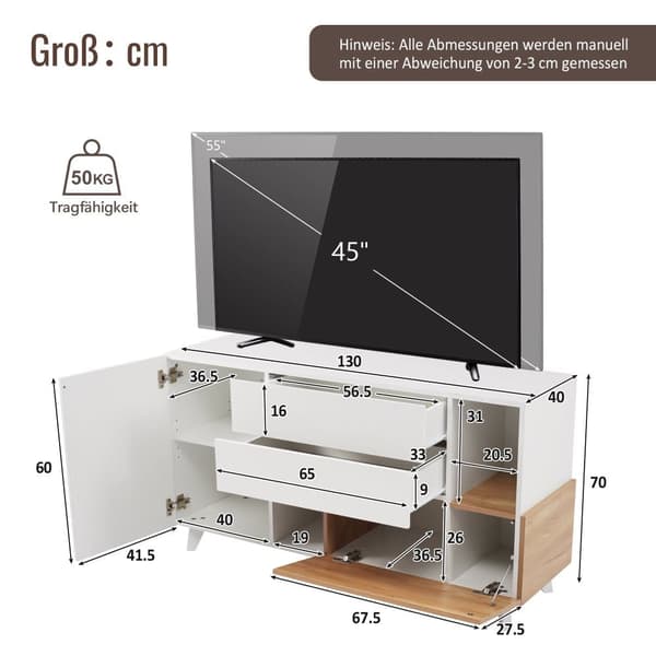 Skænk i højglans 130x40x70 cm - 2 låger - 2 skuffer - med opbevaringsrum - hvid