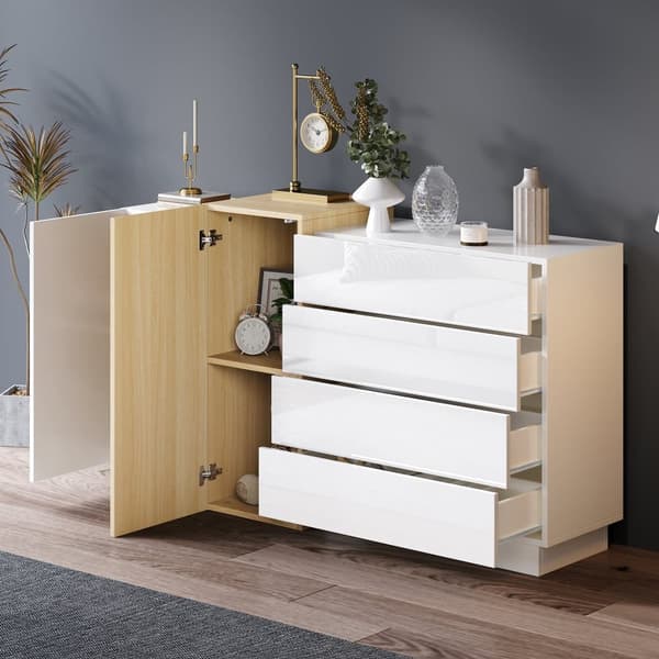 Skænk i højglans 150x37x87 cm - med 2 låger - med 4 skuffer - MDF - hvid