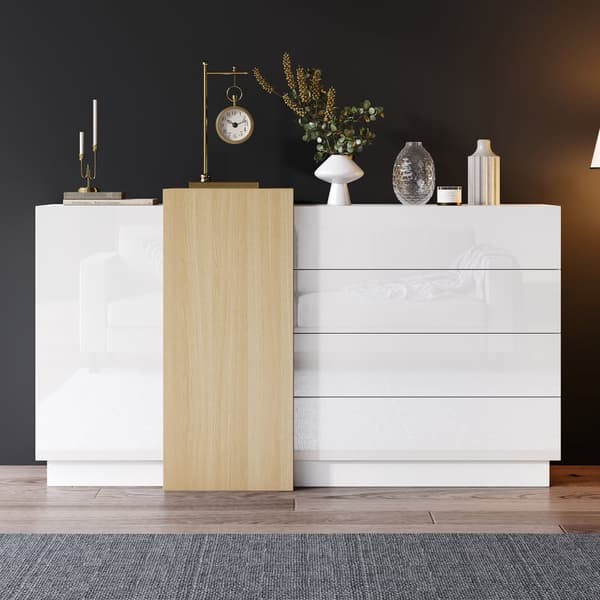 Skænk i højglans 150x37x87 cm - med 2 låger - med 4 skuffer - MDF - hvid