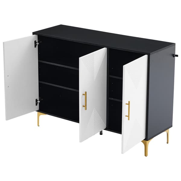 Senkki 120x40x88 cm - 3 ovella - kultaiset kahvat ja jalat - lastulevy - valkoinen + musta