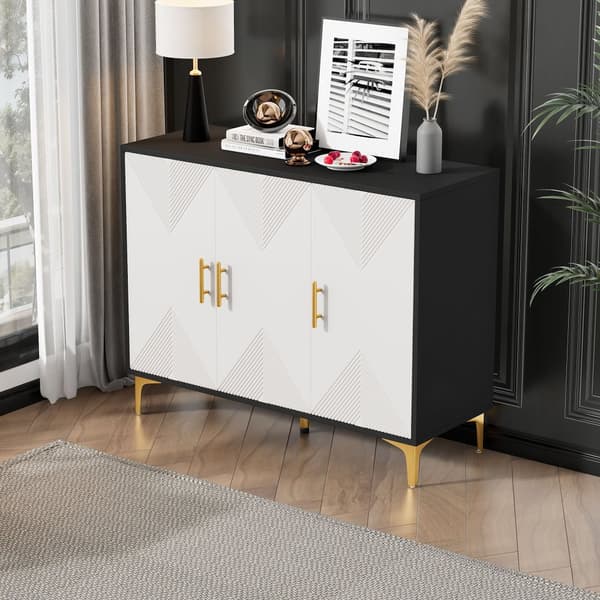Senkki 120x40x88 cm - 3 ovella - kultaiset kahvat ja jalat - lastulevy - valkoinen + musta