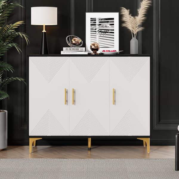Senkki 120x40x88 cm - 3 ovella - kultaiset kahvat ja jalat - lastulevy - valkoinen + musta
