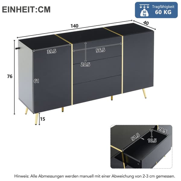Senkki 140x40x76 cm - 2 ovella - 3 laatikolla - lastulevy - musta