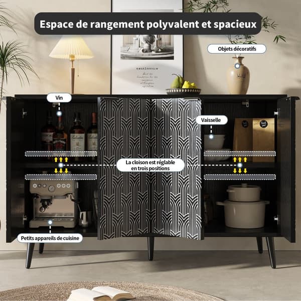 Modern skänk - 4 dörrar - med mönster - MDF - Svart