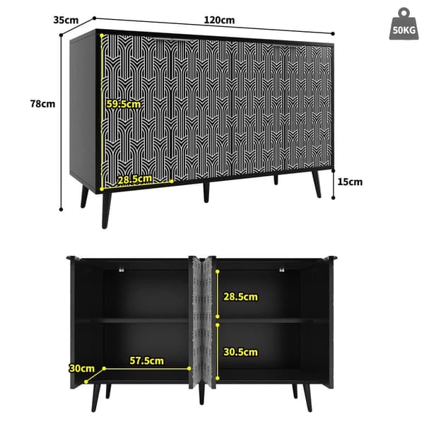 Modern skänk - 4 dörrar - med mönster - MDF - Svart