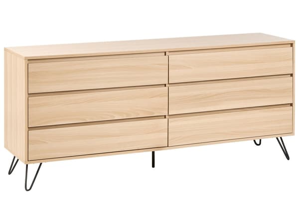 Kommode Lysebrun Sponplater 6 skuffer Svarte ben Minimalistisk design Soverom Stue