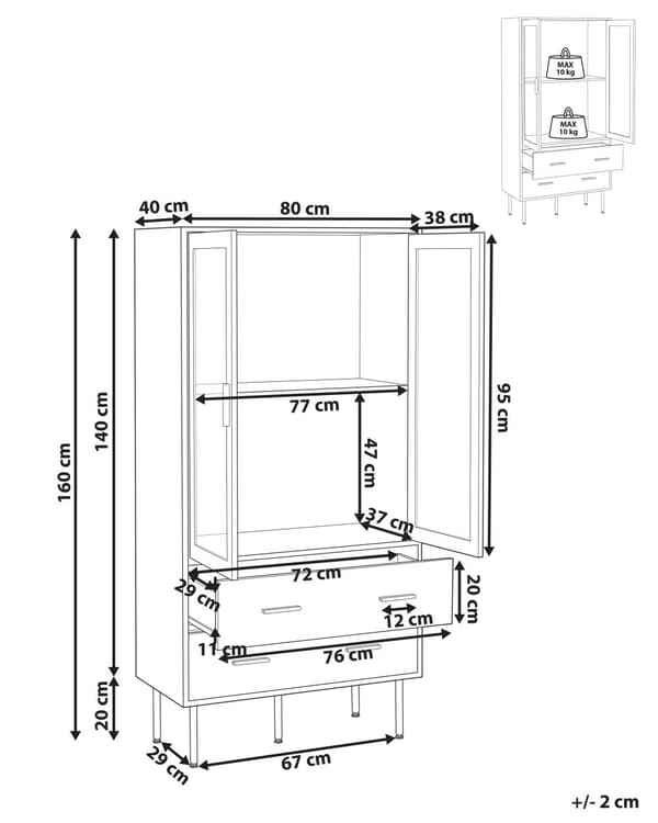Vitrineskap Hvit MDF 160 x 80 x 40 cm Glassdører 2 hyller 2 skuffer Gulldetaljer Oppbevaring Stue Spisestue