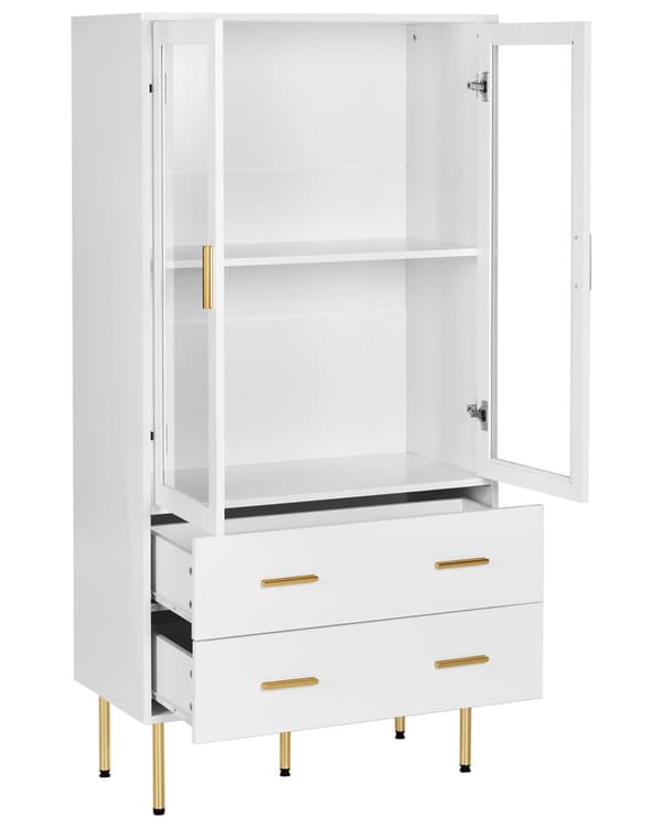 Vitrineskap Hvit MDF 160 x 80 x 40 cm Glassdører 2 hyller 2 skuffer Gulldetaljer Oppbevaring Stue Spisestue