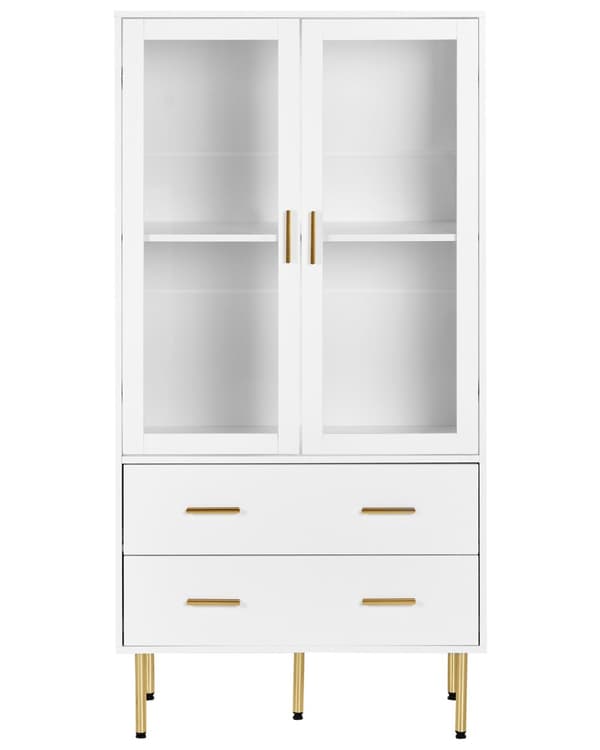 Vitrineskap Hvit MDF 160 x 80 x 40 cm Glassdører 2 hyller 2 skuffer Gulldetaljer Oppbevaring Stue Spisestue