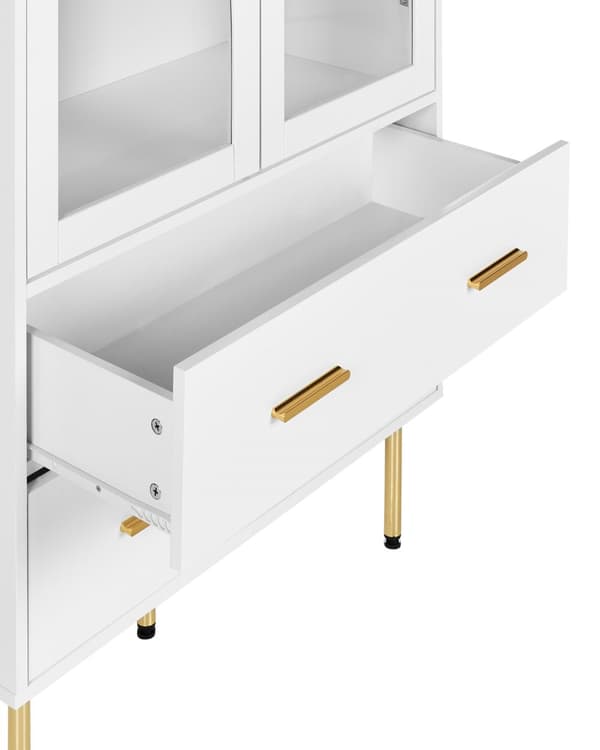 Vitrineskap Hvit MDF 160 x 80 x 40 cm Glassdører 2 hyller 2 skuffer Gulldetaljer Oppbevaring Stue Spisestue