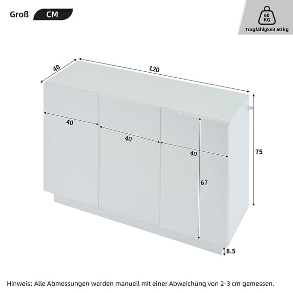 Senkki 120x40x75 cm - LED-valaistuksella - 3 ovella - lastulevy - valkoinen