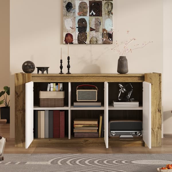 Buffet 150x40x70,5 cm - 3 ovea - profiloidut kahvat - korkeussäädettävät hyllyt - valkoinen + luonnollinen