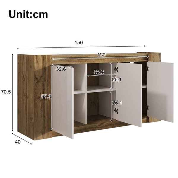 Buffet 150x40x70,5 cm - 3 ovea - profiloidut kahvat - korkeussäädettävät hyllyt - valkoinen + luonnollinen
