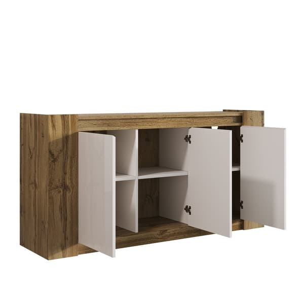 Buffet 150x40x70,5 cm - 3 ovea - profiloidut kahvat - korkeussäädettävät hyllyt - valkoinen + luonnollinen