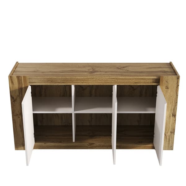 Buffet 150x40x70,5 cm - 3 ovea - profiloidut kahvat - korkeussäädettävät hyllyt - valkoinen + luonnollinen