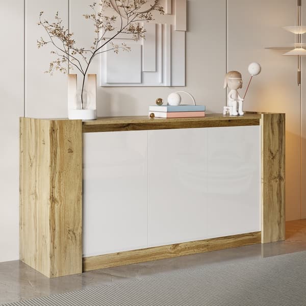 Buffet 150x40x70,5 cm - 3 ovea - profiloidut kahvat - korkeussäädettävät hyllyt - valkoinen + luonnollinen