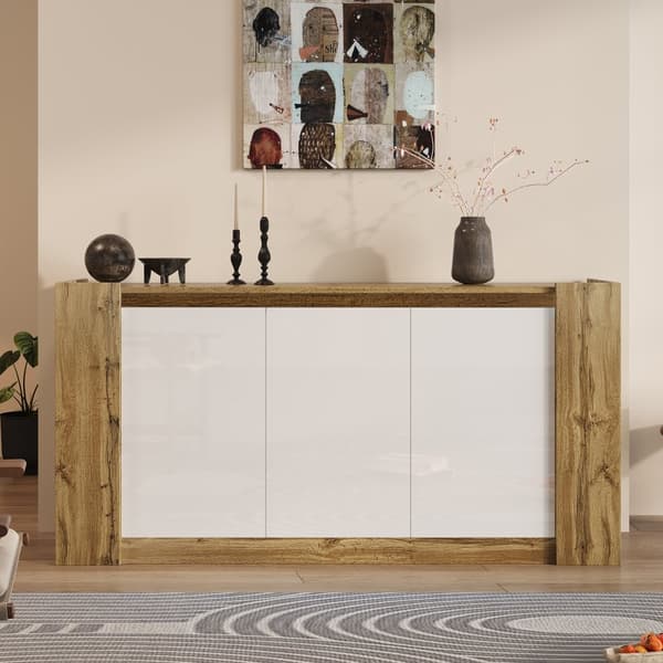 Buffet 150x40x70,5 cm - 3 ovea - profiloidut kahvat - korkeussäädettävät hyllyt - valkoinen + luonnollinen