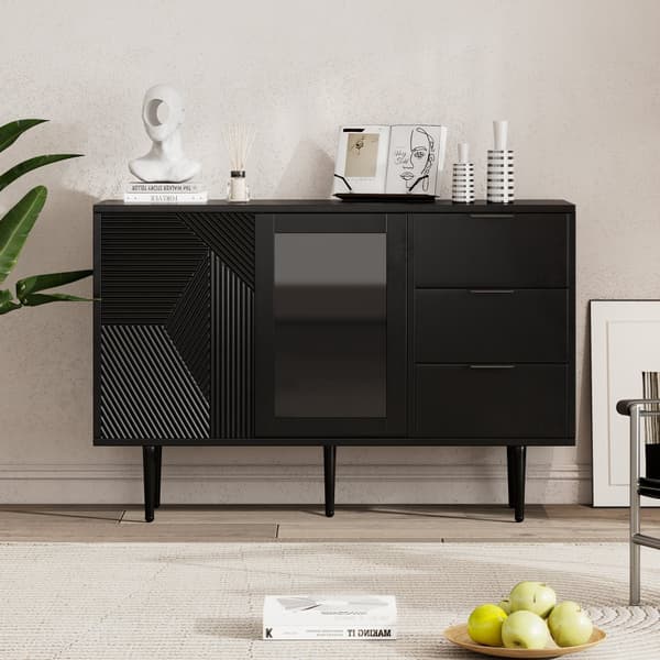 Senkki 120x38x79,5cm - 3 laatikolla - 2 ovella - metallijaloilla + lasiovet - musta