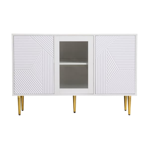 Skænk 120x38x79,5cm - med 3 låger - med metalben + glasdøre - hvid