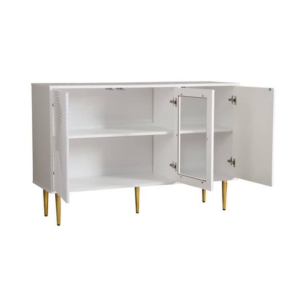 Skænk 120x38x79,5cm - med 3 låger - med metalben + glasdøre - hvid