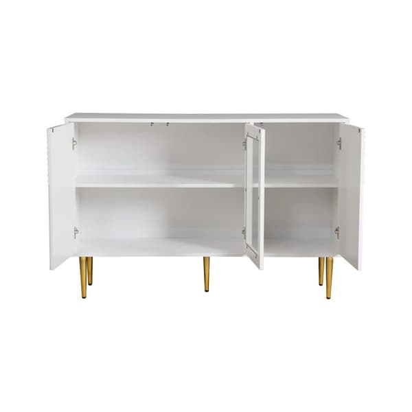Skænk 120x38x79,5cm - med 3 låger - med metalben + glasdøre - hvid
