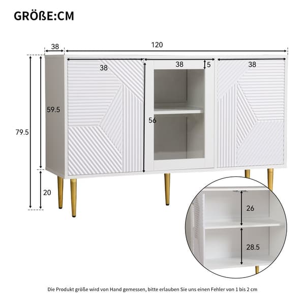 Skænk 120x38x79,5cm - med 3 låger - med metalben + glasdøre - hvid