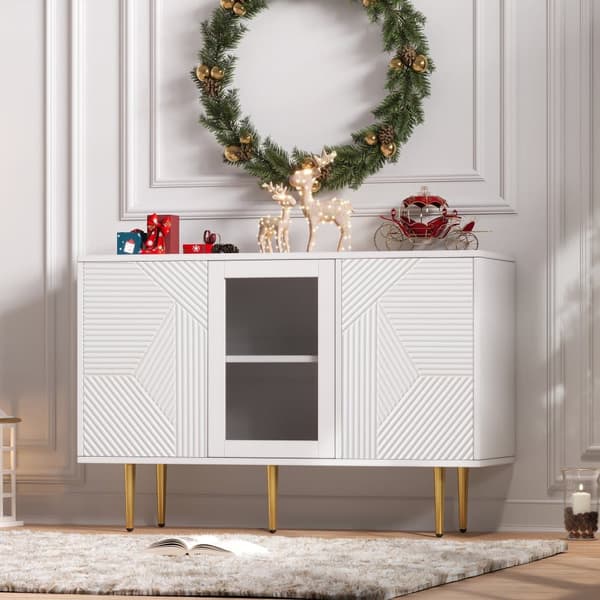 Skænk 120x38x79,5cm - med 3 låger - med metalben + glasdøre - hvid