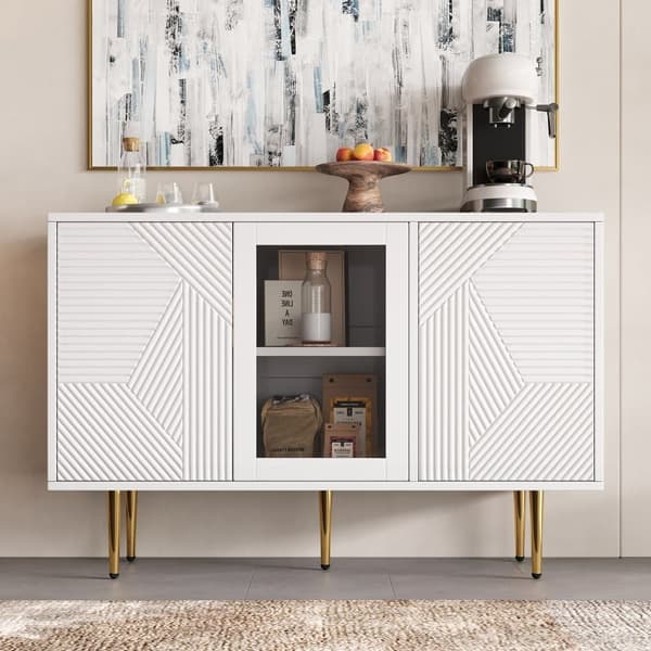 Skænk 120x38x79,5cm - med 3 låger - med metalben + glasdøre - hvid