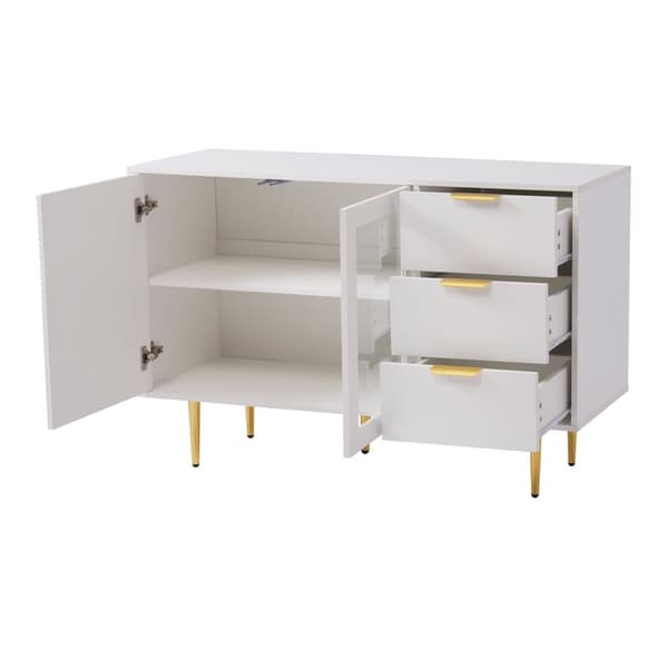Senkki 120x38x79,5cm - 3 laatikolla - 2 ovella - metallijaloilla + lasiovet - valkoinen
