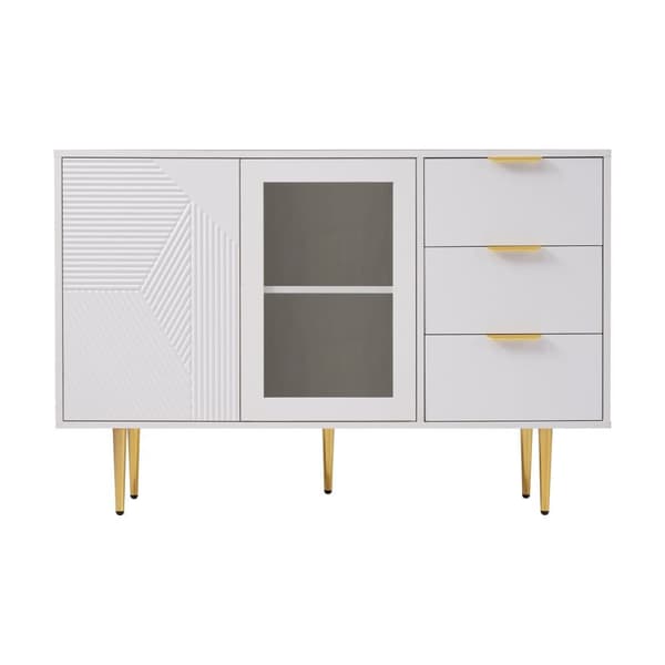 Senkki 120x38x79,5cm - 3 laatikolla - 2 ovella - metallijaloilla + lasiovet - valkoinen