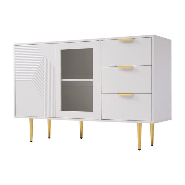 Senkki 120x38x79,5cm - 3 laatikolla - 2 ovella - metallijaloilla + lasiovet - valkoinen