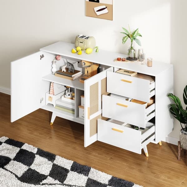Sideboard 160x40x87cm - med 2 rottingdörrar och 3 lådor - vit