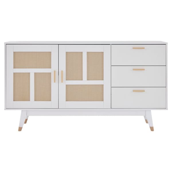 Sideboard 160x40x87cm - med 2 rottingdörrar och 3 lådor - vit