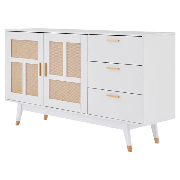 Sideboard 160x40x87cm - med 2 rottingdörrar och 3 lådor - vit