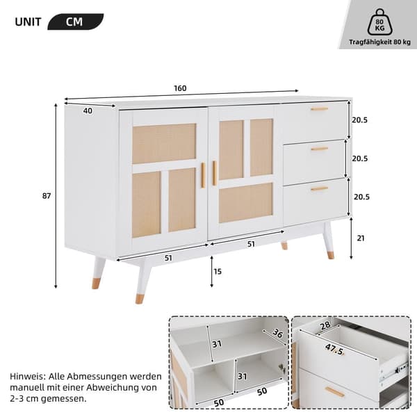 Sideboard 160x40x87cm - med 2 rottingdörrar och 3 lådor - vit