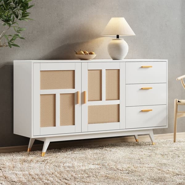 Sideboard 160x40x87cm - med 2 rottingdörrar och 3 lådor - vit