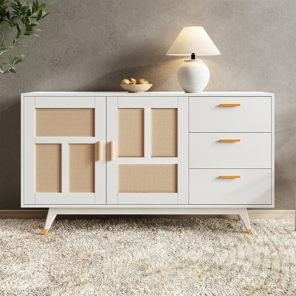 Sideboard 160x40x87cm - med 2 rottingdörrar och 3 lådor - vit