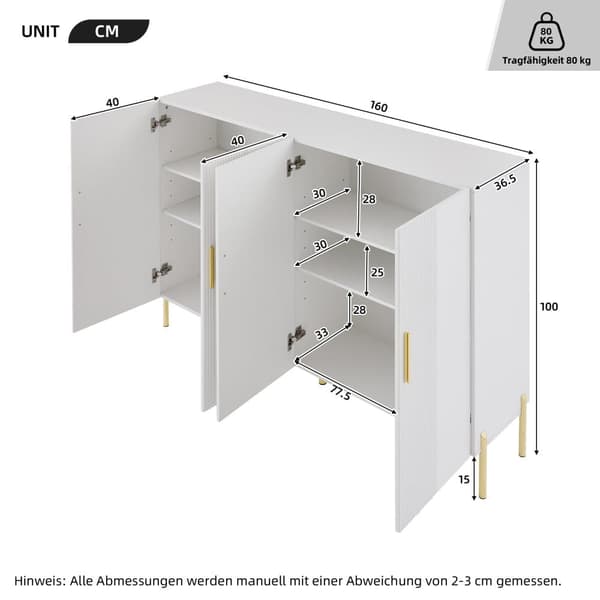 Skænk 160x35x100cm - 4 låger - Spånplade - Hvid
