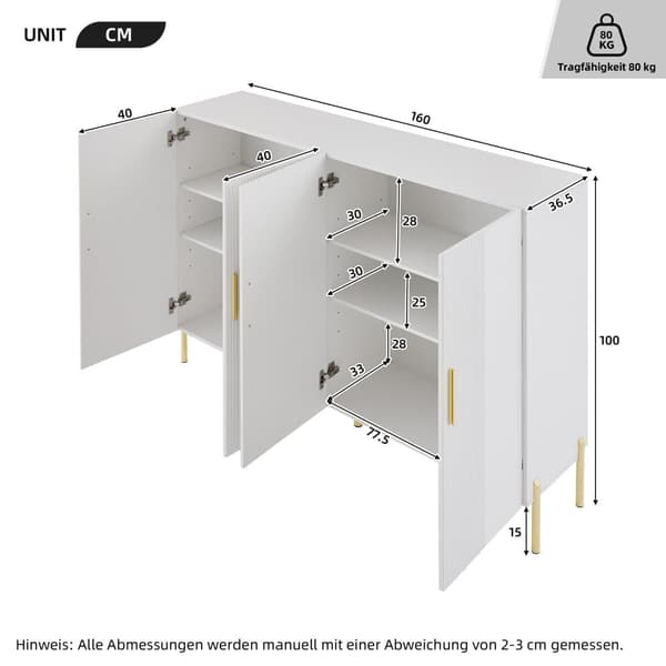 Skænk 160x35x100cm - 4 låger - Spånplade - Hvid