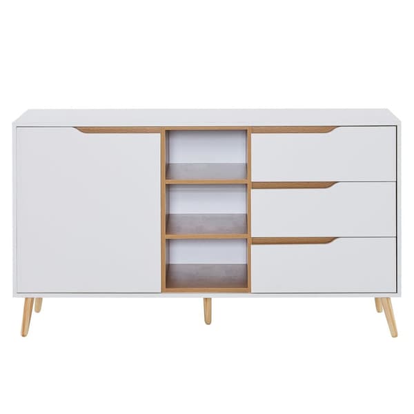 Moderni senkki hyllyillä, 3 laatikolla ja avoimella säilytystilalla - 140 x 40 x 80,5 cm - valkoinen ja luonnollinen