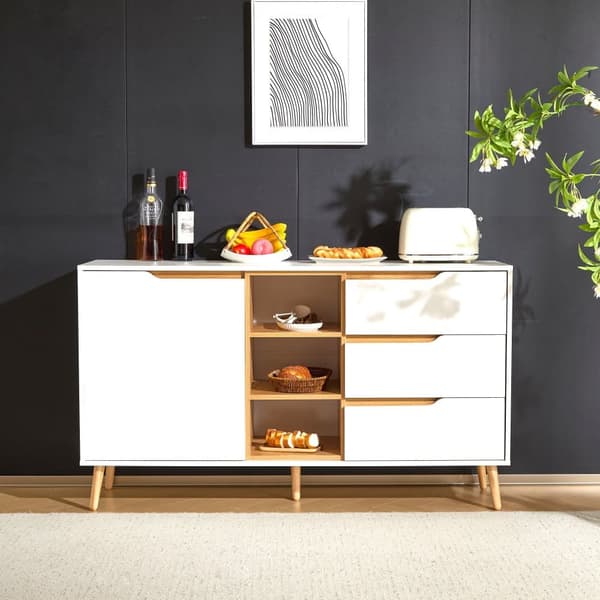 Moderni senkki hyllyillä, 3 laatikolla ja avoimella säilytystilalla - 140 x 40 x 80,5 cm - valkoinen ja luonnollinen