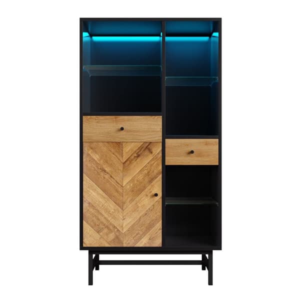 Hög skänk med LED - 1 dörr + 2 lådor + 6 fack - natur + svart