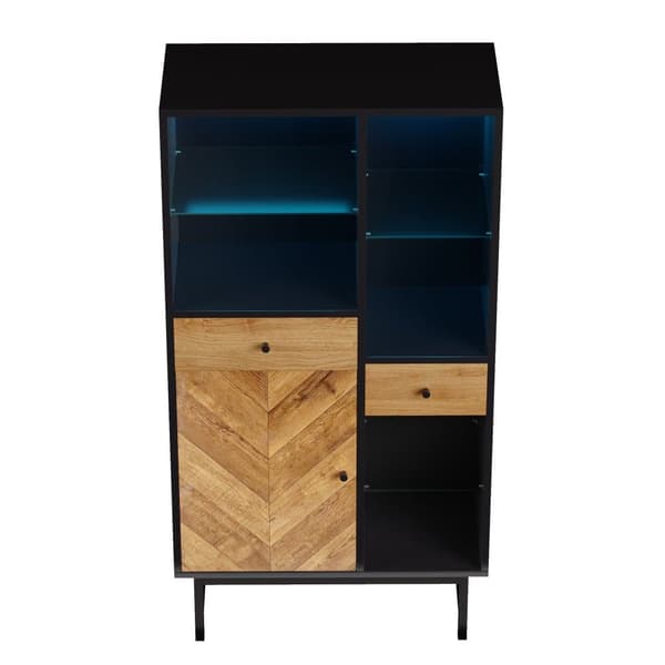 Hög skänk med LED - 1 dörr + 2 lådor + 6 fack - natur + svart