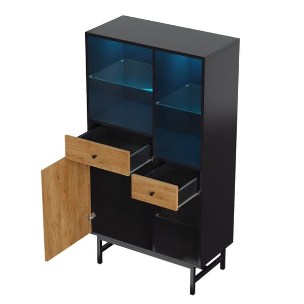 Hög skänk med LED - 1 dörr + 2 lådor + 6 fack - natur + svart