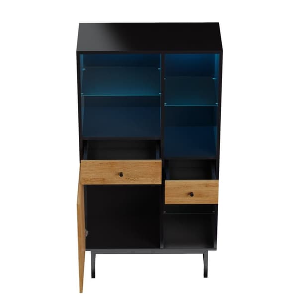 Hög skänk med LED - 1 dörr + 2 lådor + 6 fack - natur + svart