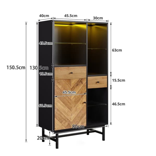 Hög skänk med LED - 1 dörr + 2 lådor + 6 fack - natur + svart