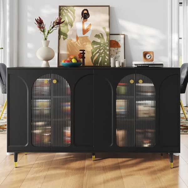 Modernt sideboard i MDF - 4 glasdörrar med 12 hyllplan - Svart