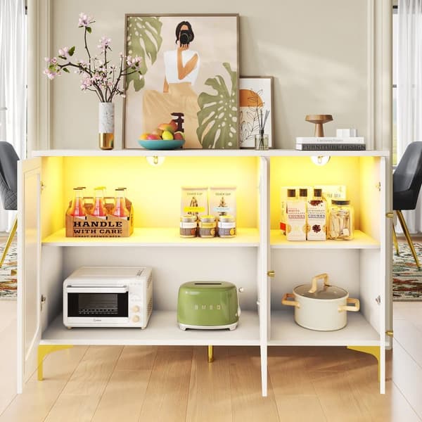 Moderne MDF Skænk Skab med LED - 3 Glaslåger med 4 Hylder - Hvid