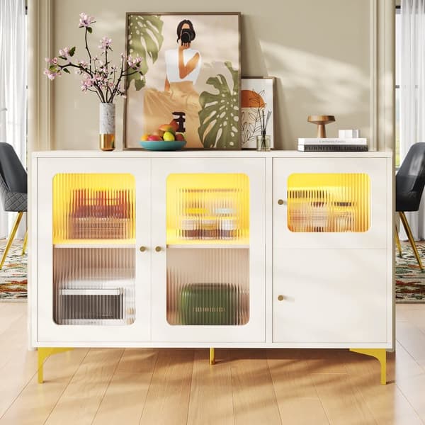 Moderne MDF Skænk Skab med LED - 3 Glaslåger med 4 Hylder - Hvid