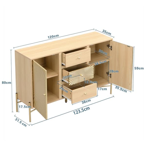 Moderne skænk - med 2 låger og 3 skuffer - MDF - Natural
